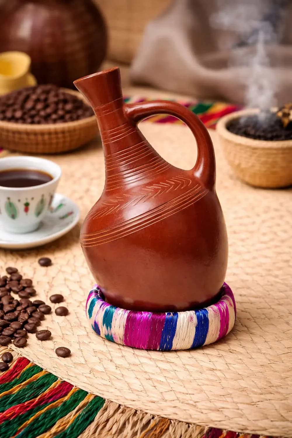 Traditional Ethiopian coffee pot and beans